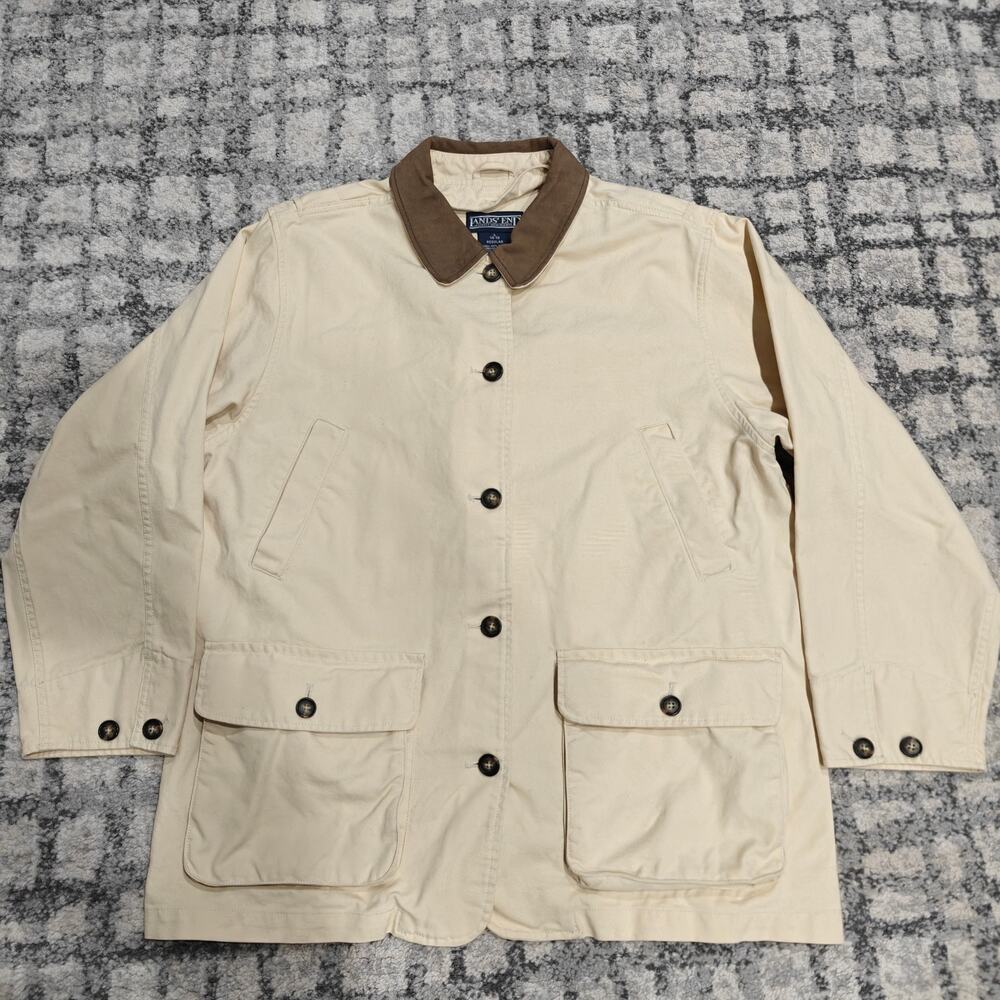 Vintage Lands End Barn Coat Chore Field Canvas Jacket Leather Collar Country L